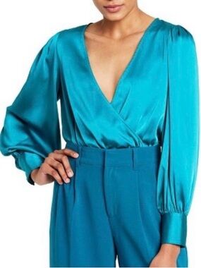 Sergio Hudson Satin Teal Wrap V-Neck bodysuit Blouse